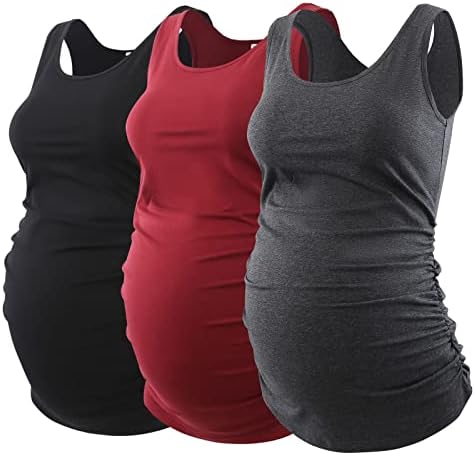 Ecavus 3PCS Womens Layering Maternity Tank Top Pregnancy Shirt Scoop Neck Sleeveless Ruched Vest (M, Black/Wine red/Dark Grey)