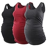 Ecavus 3PCS Womens Layering Maternity Tank Top Pregnancy Shirt Scoop Neck Sleeveless Ruched Vest (M,