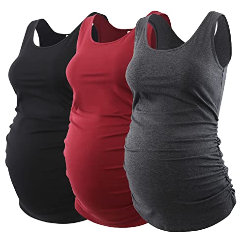 Ecavus 3Pcs Womens Layering Maternity Tank Top Pregnancy Shirt Scoop Neck Sleeveless Ruched Vest (M, Black/Wine Red/Dark Grey) #TOP2
