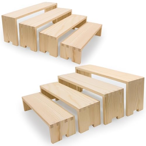 Yikaroeli 2 Set Large Wood Display Risers Display Stands Wooden Cupcake Stand Dessert Food Buffet Risers for Vendor Events 4 Tiered 8Pcs Table Sets Cake for Display