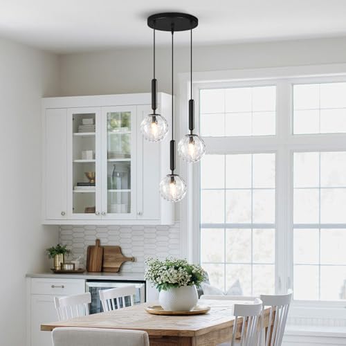 Image of Mid Century Globe Pendant Light with Clear Glass for Kitchen Island Modern Balck Finish Hanging Light Fixture Retro Round Pendant Lighting for Living Room Bedroom Entryway(3 Lights)