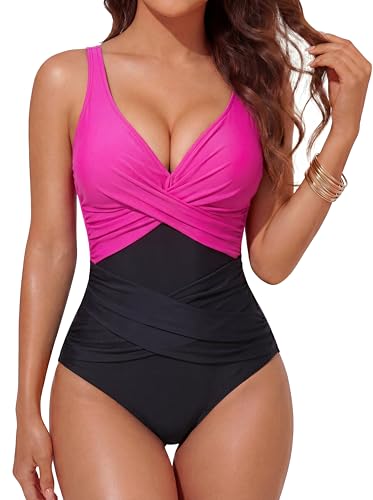 Image of Smismivo Tummy Control Swimsuits for Women Slimming One Piece Bathing Suit Retro Ruched Push Up Vintage Padded Swimwear