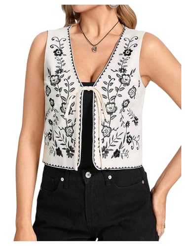 MakeMeChic Women's Floral Embroidery Vest Tie Front Sleeveless Vintage Crop Tops