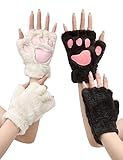 OTPEH 2 Pairs Cat Paw Gloves Fingerless Furry Cat Costume Black And White For Women Costume Accessories