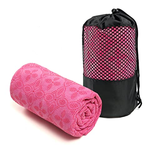 POKIVIR - Yoga Towel, Hot Yoga Mat Towel - Sweat Absorbing Non-Slip for Hot Yoga, Pilates and Workout, 24x72 inches with Upgraded Clover-Shaped Grip Dots (Deep Pink)