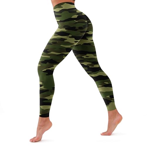 High Waisted Leggings for Women Soft Tummy Control Non See Through Stretch Workout Yoga Pants for Running Plus Size (Army Green Camo L/XL Pocketless)
