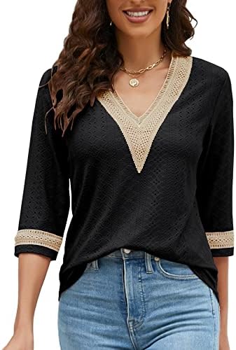 LIOFOER Women's Casual 3/4 Sleeve Shirts Lace V Neck Color Block Dressy Tops Trendy Hollow Floral Blouses T Shirts S-XXL Black