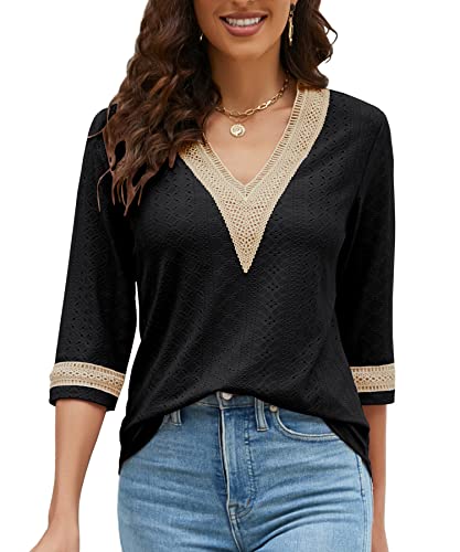 Women's Casual 3/4 Sleeve Shirts Lace V Neck Color Block Dressy Tops Trendy Hollow Floral Blouses T Shirts S-XXL