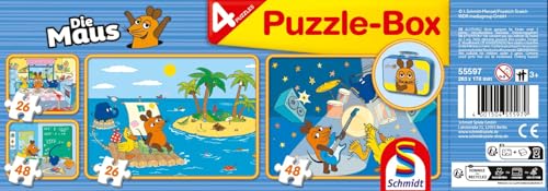 Schmidt Spiele 55597 Die Maus, 4 Kinderpuzzle im Metallkoffer, 2x26 2x48 Teile