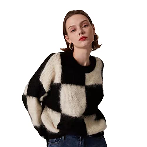 Light Luxury French Autumn Round Neck Loose and Lazy Wind Mohair Contrast Color Long-Sleeved Sweater top Women's Cashmere