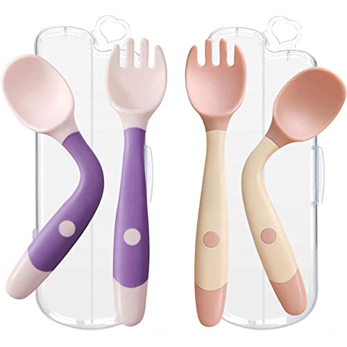 Image of Toddler Utensils with Travel Case, Baby Spoon and Fork Set for Self-Feeding Learning Bendable Handle Silverware for Kid Children (2 Set, Purple&Pink)