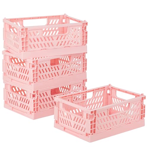 4-Pack Pink Pastel Storage Baskets,Storage and Organization for Office & Room,Collapsible Storage Crates,Aesthetic Crate Stacking Folding Storage Baskets for Locker Home Kitchen Bedroom Decor