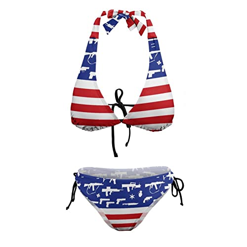 Baikutouan Guns American Usa Flag Women Halter String Triangle Bikini Sets Two Piece Sexy Swimsuit Tankini Swimwear #TOP5