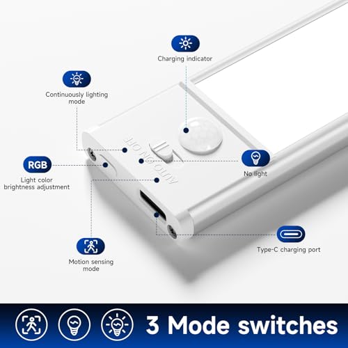 Image of Under Cabinet Lights,74 LED Rechargeable Battery Operated Motion Sensor Light Indoor, 2 Pack Under Cabinet Lighting Closet Lights,Suitable for Kitchen, Wardrobe, Stairs (White Light, 15.7inch)