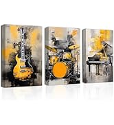 CXHOSTENT Music Canvas Wall Art 3 Panel Piano Guitar Shelf Drum Picture Prints Yellow and Grey Mu...