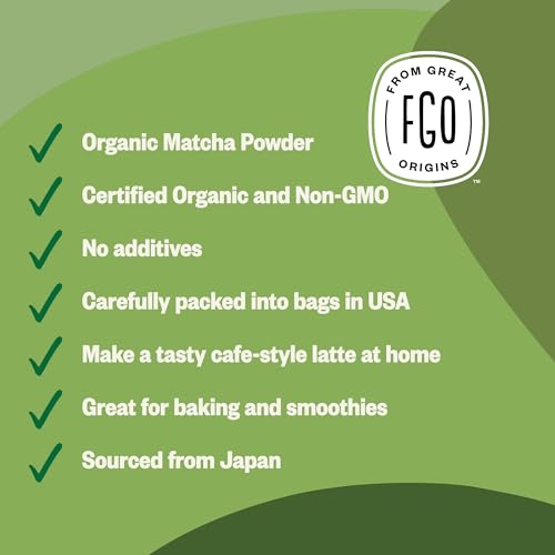 Image of FGO Organic Matcha Green Tea Powder - Organic Matcha for Lattes, Smoothies & Baking - USDA Organic & Non-GMO - 16oz Resealable Bag
