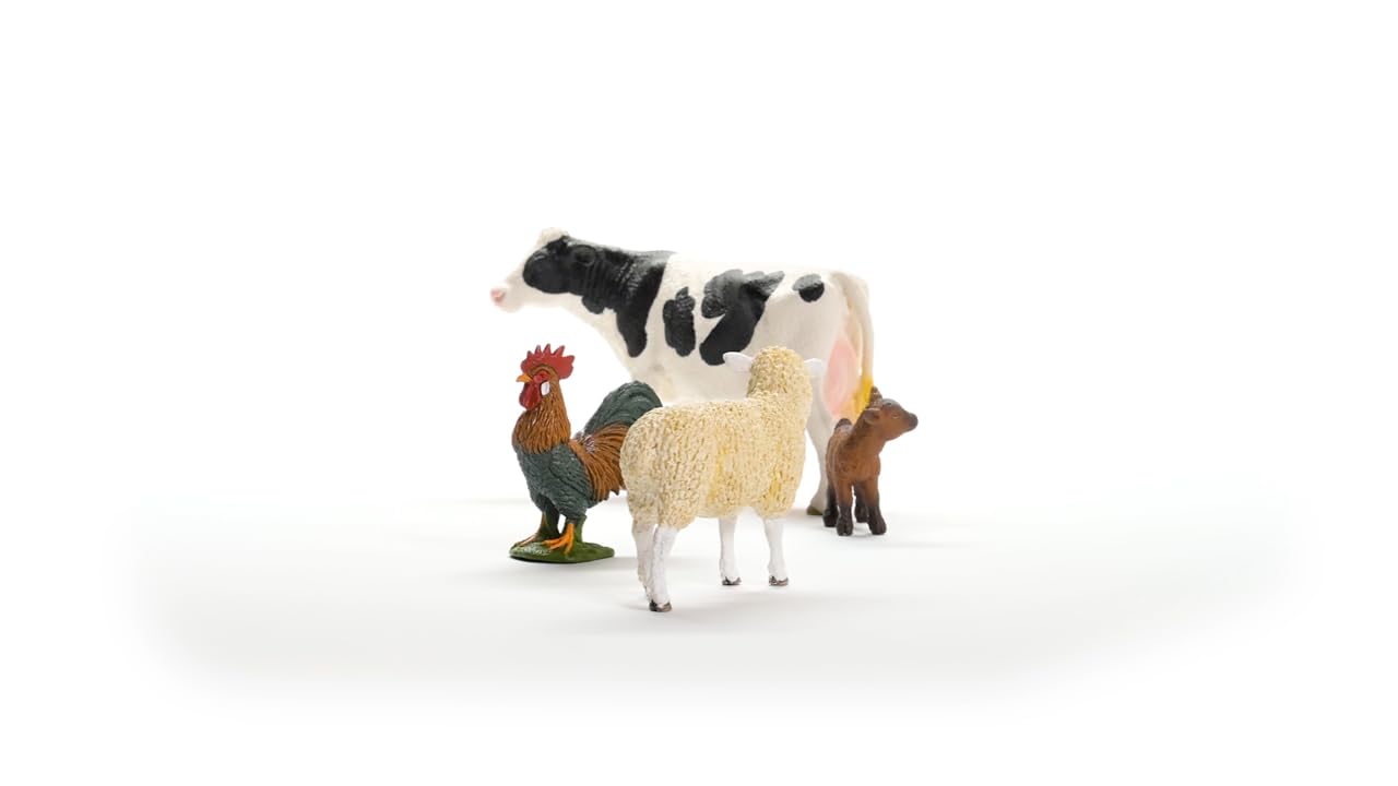 schleich FARM WORLD | Zestaw startowy farma 42729 | Zestaw z kozą, krową, owcą i kogutem | realistyczne figurki zwierząt i kolekcjonerskie | zabawka farma dla dzieci od 3 lat | zestaw 4-częściowy