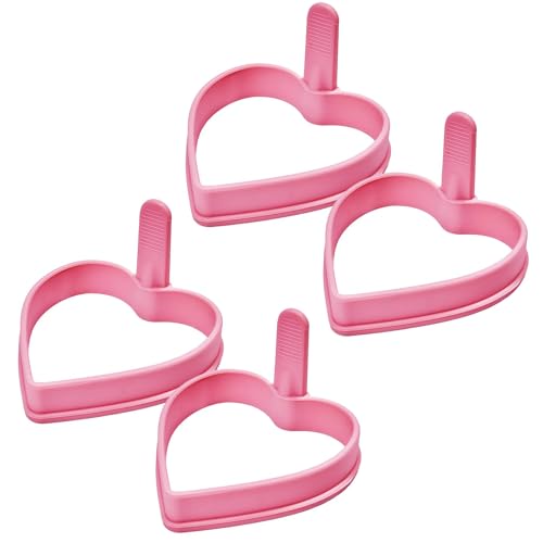 Moldes de silicona para panqueques con forma de corazón, paquete de 4 moldes de silicona para panqueques en forma de corazón, molde para hacer panqueques para plancha, color rosa