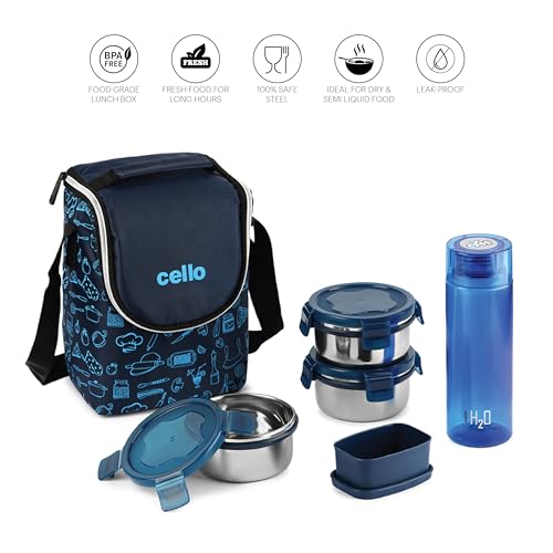 Image of CELLO Complete Meal Lunch Box Set with Jacket for Office Use Blue | 3 x 300ml Steel Container, 1 x 130ml Pickle Container, 500ml Water Bottle with Spoon & Fork | Airtight Tiffin Box Set for Daily Use