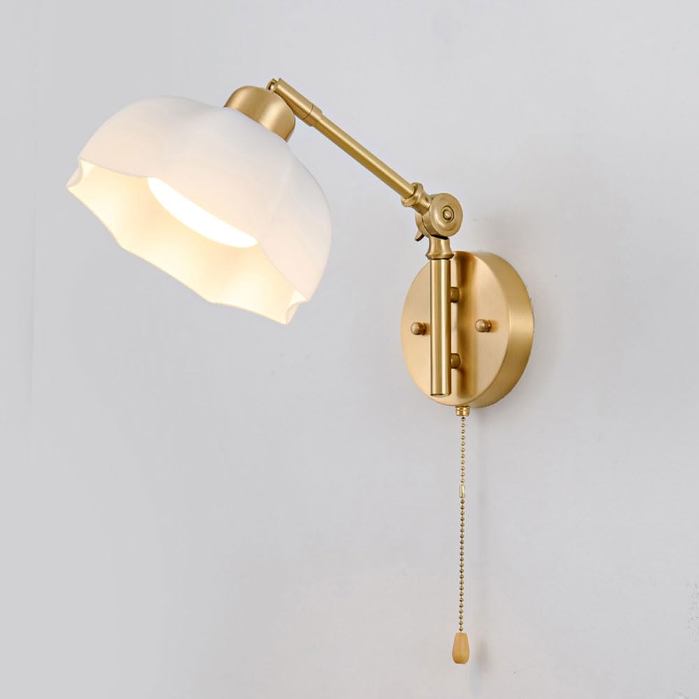 HPTHLY Brass Adjustable Wall Sconced Swing Arm Wall Lamp With Pull Switch, Rotatable Glass Wall Light Fixture Brushed Brass Finish, E27 Bedroom Bedside Hall
