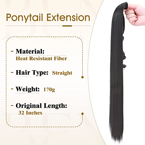 Benehair Ponytail Extension 32 Inches Long Wrap Around Ponytail Hair Extension Straight Synthetic Braid Extensions Clip in Hairpiece for Women Off Black - Image 4