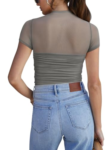 Image of REORIA Women's Sexy Mock Turtle Neck Short Sleeve Shirts Sheer Mesh Ruched Trendy Going Out Bodysuits Tops