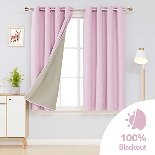 Deconovo 100% Blackout Curtains Faux Linen Window Teatments Eyelet Curtains Blackout Thermal Insulated Curtains for Girls Bedroom Pink W46 x L54 Inch One Pair