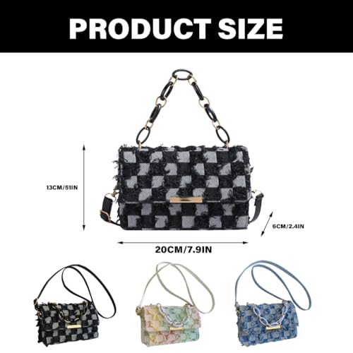 Checkered Jeans Flap Shoulder Bag Handbag with Chain Handle Adjustable Strap Denims Tassels Crossbody Purse for Women3