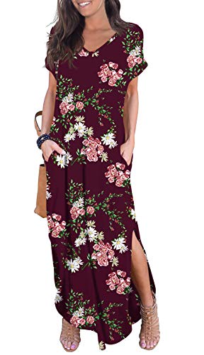 Image of GRECERELLE Women's Summer Maxi Dress Casual Loose V Neck Short Sleeve Side Split Long Dresses with Functional Pockets