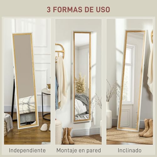 HOMCOM Espejo de Pie Cuerpo Entero 157x37 cm, Espejo Grande de Pared con Marco Bicolor, de Pie, Inclinado o Colgante, para Salón, Dormitorio, Pasillo, Entrada, Blanco y Natural Oscuro - imagen 5