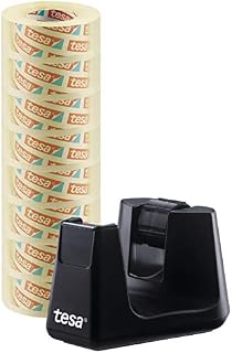 tesa® Easy Cut Smart dyspenser - solidny dozownik z funkcją antypoślizgową w kolorze czarnym i przezroczystą taśmą samoprzylepną - 8 transparentnych rolek tesafilm 33 m x 19 mm