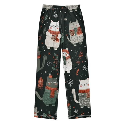 Xmas Cat Berry Boys Long Pants Soft Trousers Elastic Waist Kids Lounge Bottoms with Pockets S-XL2