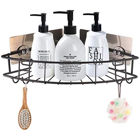 GEMITTO Shower Caddy, Bathroom Self-adhesive Kitchen Organizer Racks Bracket 2 Hooks, Drill-Free Stainless Steel Shampoo Conditioner Kitchen Spice Storage (Brown, Corner Shelf/ 1-Pack) Cover
