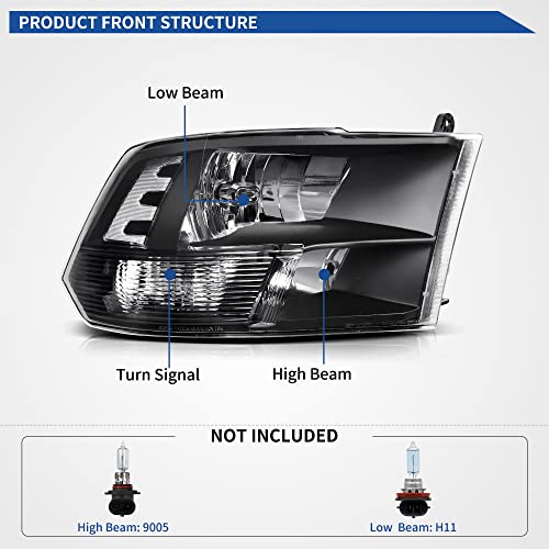Image of oEdRo Headlights Assembly Compatible with 2009-2018 Dodge Ram 1500 /10-18 Dodge Ram 2500 3500 /19-22 Ram 1500 Classic Headlamp Replacement Black Housing Clear Reflector Clear Lens (Quad Models Only)