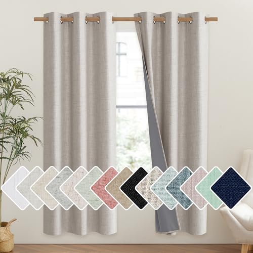 NICETOWN Brich Vintage Open Linen Weave Flax Thermal Curtains, 100% Blackout Curtains 72" Long for Dining Room, Soundproof Window Treatment Drapes for Gym Room, 42" Wide Per Panel, Set of 2