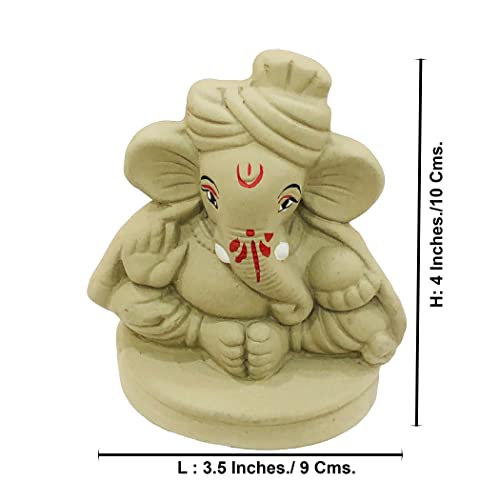 Image of Eco Friendly Handcrafted Clay /Mud Ganpati Murti Biodegradable Kacchi Mitti Ganesha Water Soluble Ganesh Idol for Ganpati Visarjan (H:4 Inch Small)