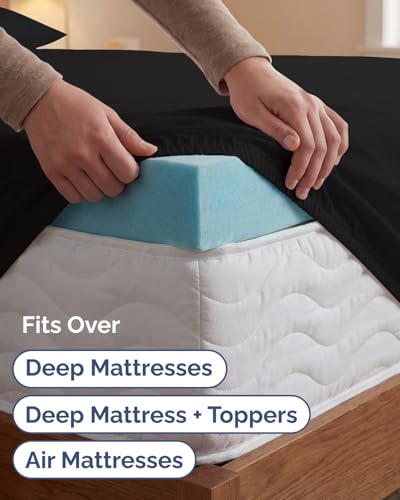 Image of Extra Deep Twin XL Sheet Set - 4 Piece Breathable & Cooling Sheets - Black | Hotel Luxury Bed Sheets Set, Easy & Secure Fit, Ultra-Soft, Wrinkle & Fade Free, Comfy Sheets Set with Extra Deep Pockets