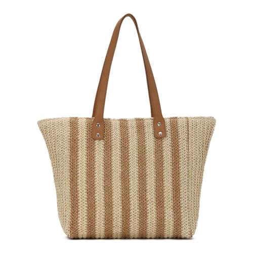 EVEOUT Bolso Tote Paja para Mujer Verano Boho Shopper Tejido con Rayas Ligero Grande Bolso de Hombro Rafia para Playa Vacaciones Viaje