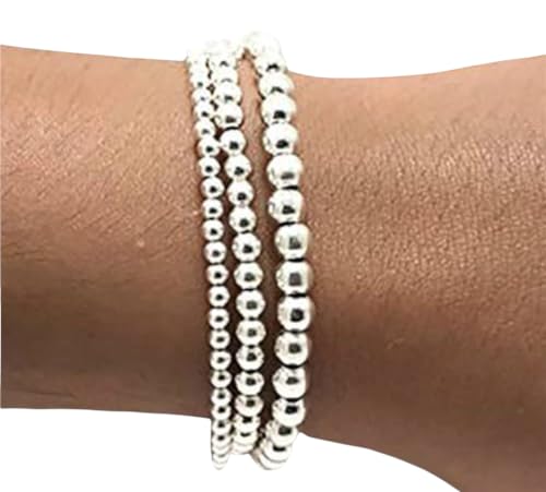 Image of Hemasa Silver Colour Round Beads Stretchable Bracelets (Set of 3)