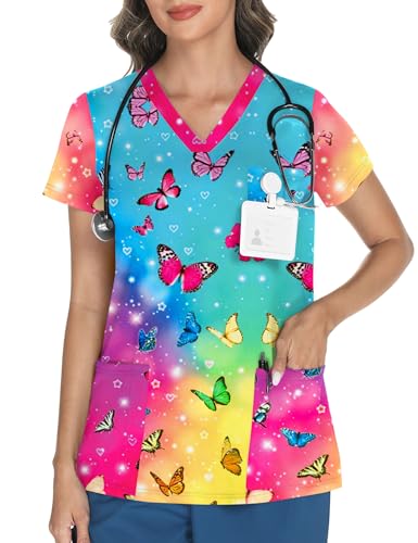 LOMON Scrubs for Women Plus Size V Neck Print Scrub Tops Butterfly Scrub Shirts with 3 Pockets Colorful Butterfly 3XL