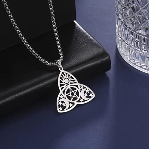 kkjoy Stainless Steel Celtic Irish Knot Pendant Necklace with Sun Moon and Star Decoration Religious Protection Necklaces Amulet Jewelry for Men Women