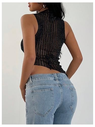 Milumia Women's Glitter Sheer Mesh Top Mock Neck Asymertrical See Through Crop Tops Clubbing Rave2