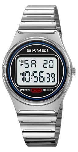 Gosasa Women's Petite Retro Digital Watch, Steel Bracelet, LED (Silver-Large)