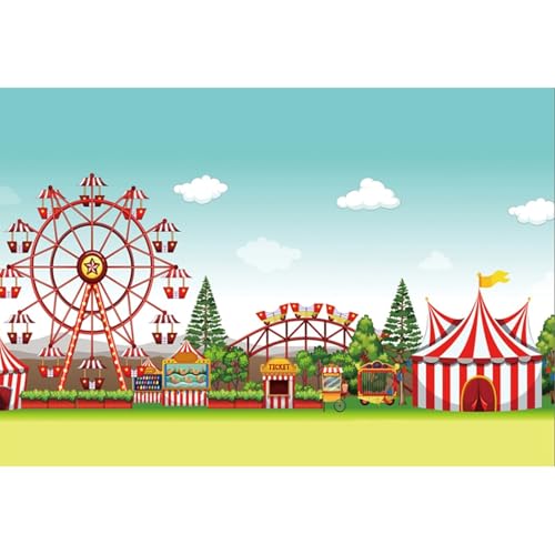 YongFoto 3x2m Vinyle Toile de Fond Cirque Fête foraine Cour récréation Billetterie Montagnes Russes Grande Roue Fond Studio Bannière Photo Party vidéo...