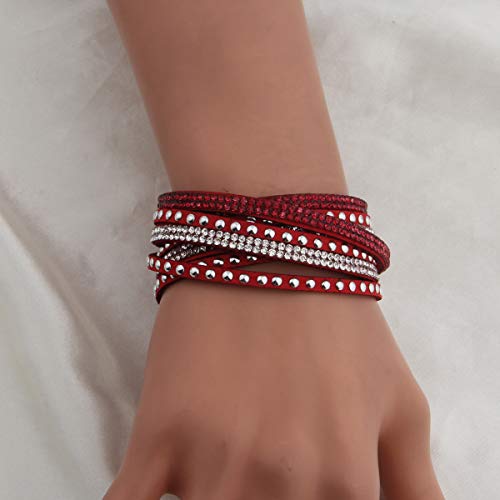 Kuiyai Wrap Leather Bracelet With Bling Bling Crystal Rhinestones And Snap Buttons (Red) #TOP3