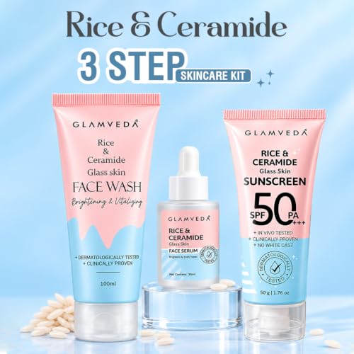 Image of Glamveda Korean Rice & Ceramide 3 Step Daily Skincare Routine | Face Wash, Serum & Sunscreen | For Clear, Glass Korean Skin Brightening & Hydrated Skin | For Men & Women