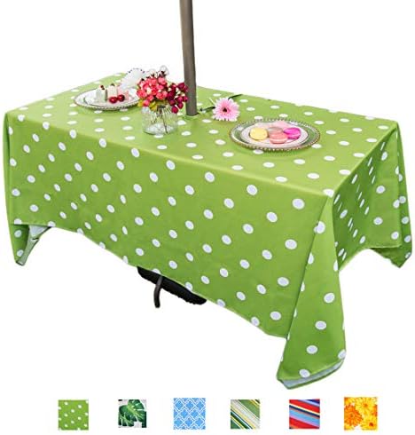 Eternal Beauty Outdoor Tablecloth Rectangle 60X 84 Spillproof Outdoor Tablecloth with Umbrella Hole Zipper for Spring Summer Patio Table(Green Polka Dot)