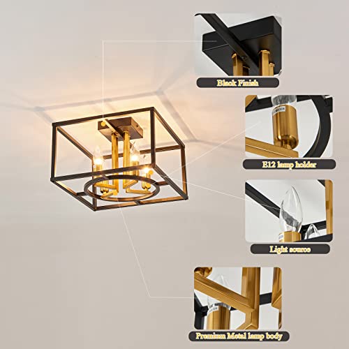 Asgyisa 4- Lights Semi Flush Mount Ceiling Light Fixture，Modern Metal Cage Black And Gold Chandelier，Industrial Ceiling Lamp For Farmhouse Dining Room Bedroom Kitchen Living Room Hallway #TOP4