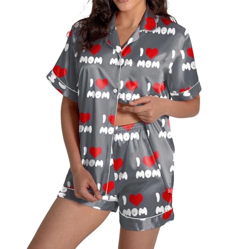 Generisch 2026 novedades en ropa de mujer vestido de verano damas mujeres DIY aniversario estampado pijama conjunto de manga corta con botones top pantalones cortos (gris, XL)