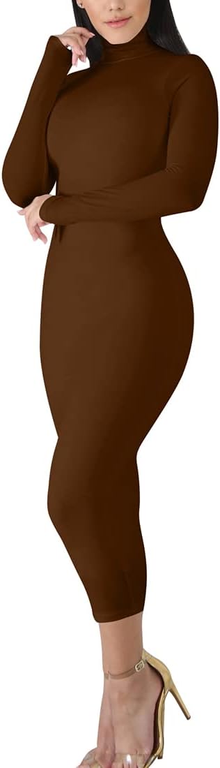 BORIFLORS Women's Sexy Basic Long Sleeve Turtleneck Bodycon Party Long Pencil Dress - Image 4